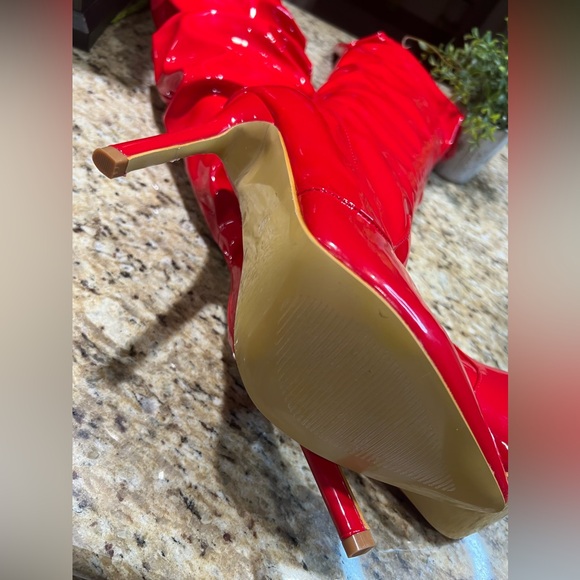 PLT Red Patent Leather Thigh High Slouch Pointed Toe Over The Knee Boots 10 - Picture 11 of 11